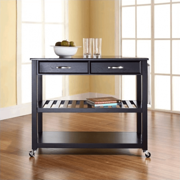 Black kitchen island cart with granite top