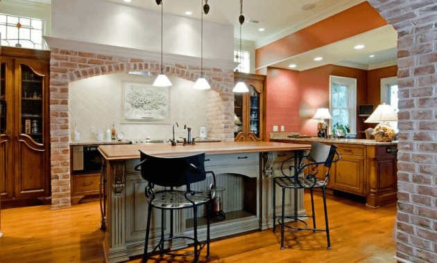 Classical wooden table kitchen island with iron bar stool seating Classical wooden table kitchen island with iron bar stool seating