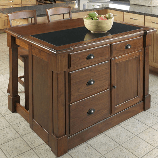 Aspen rustic cherry kitchen island with 2 stools