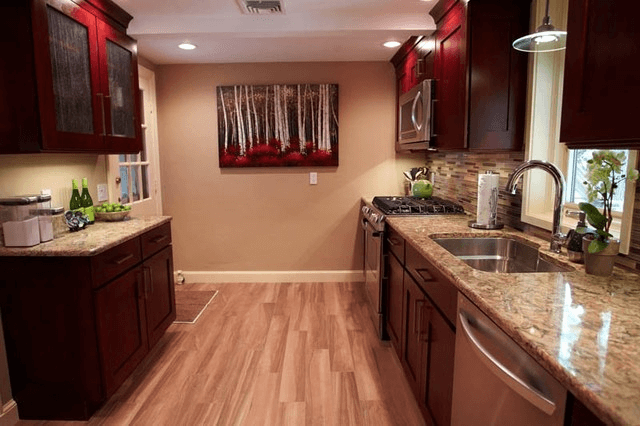 Kitchen with faux hardwood floor tile
