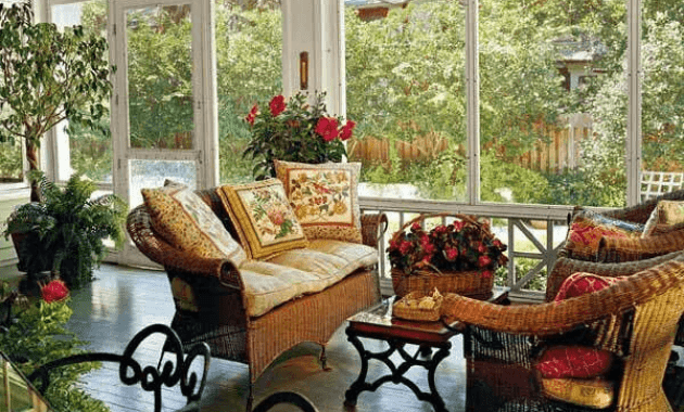 Screened in Porch Decorating ideas with plant and nook