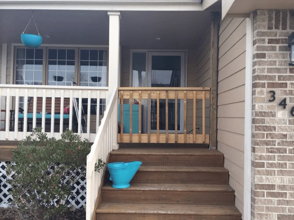 Wooden brown front porch gate Wooden brown front porch gate