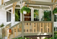 Interesting design wooden Front porch railing ideas with flower pots decorations Interesting design wooden Front porch railing ideas with flower pots decorations
