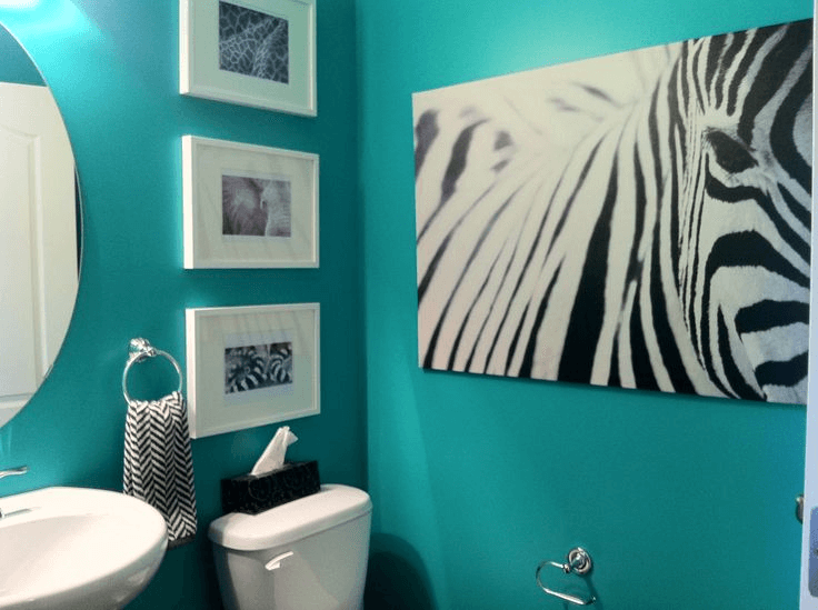 Teal zebra print bathroom decor