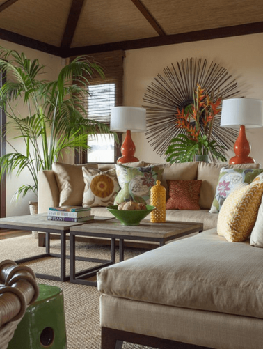 Tropical living room decor interiors with pot plant