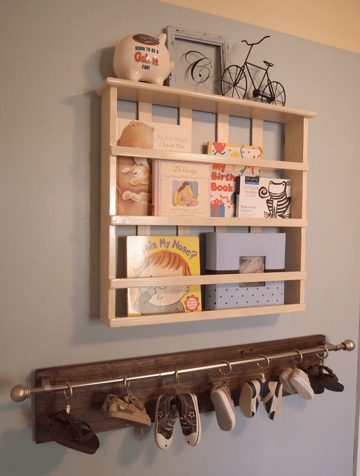 Wooden recycled Baby shoe rack wall decor ideas