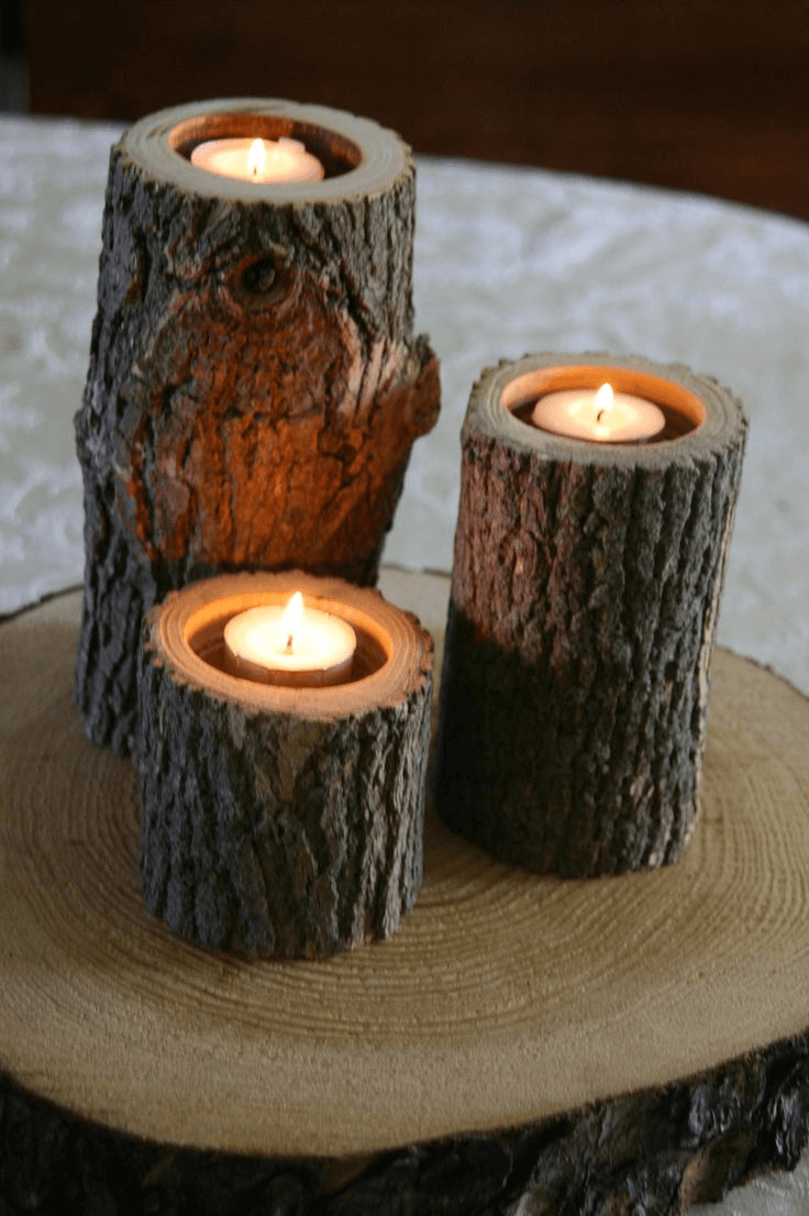 Log candle holder for wooden rustic bedroom decor ideas