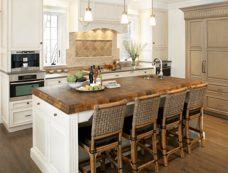 Teak kitchen island butcher block top with sink and seating