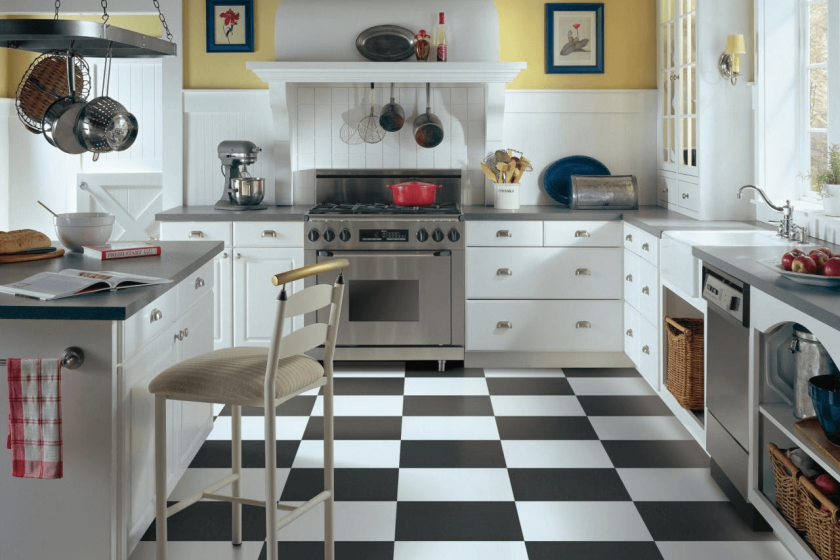 Black and white kitchen vinyl floor tile