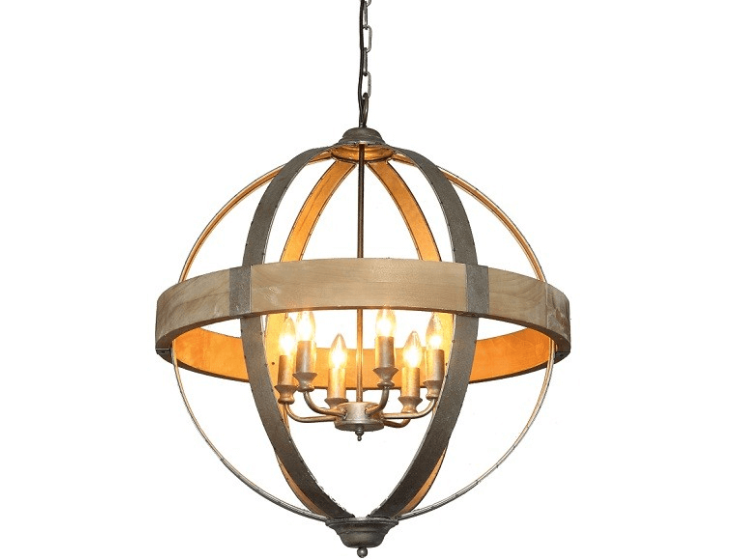 Metal and woode round ball plug in orb chandelier