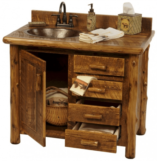 Image: teamne.net Rustic bathroom vanity unfinished wood decor with sink, soap, and towels