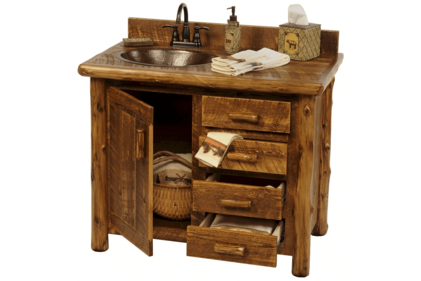 Image: teamne.net Rustic bathroom vanity unfinished wood decor with sink, soap, and towels
